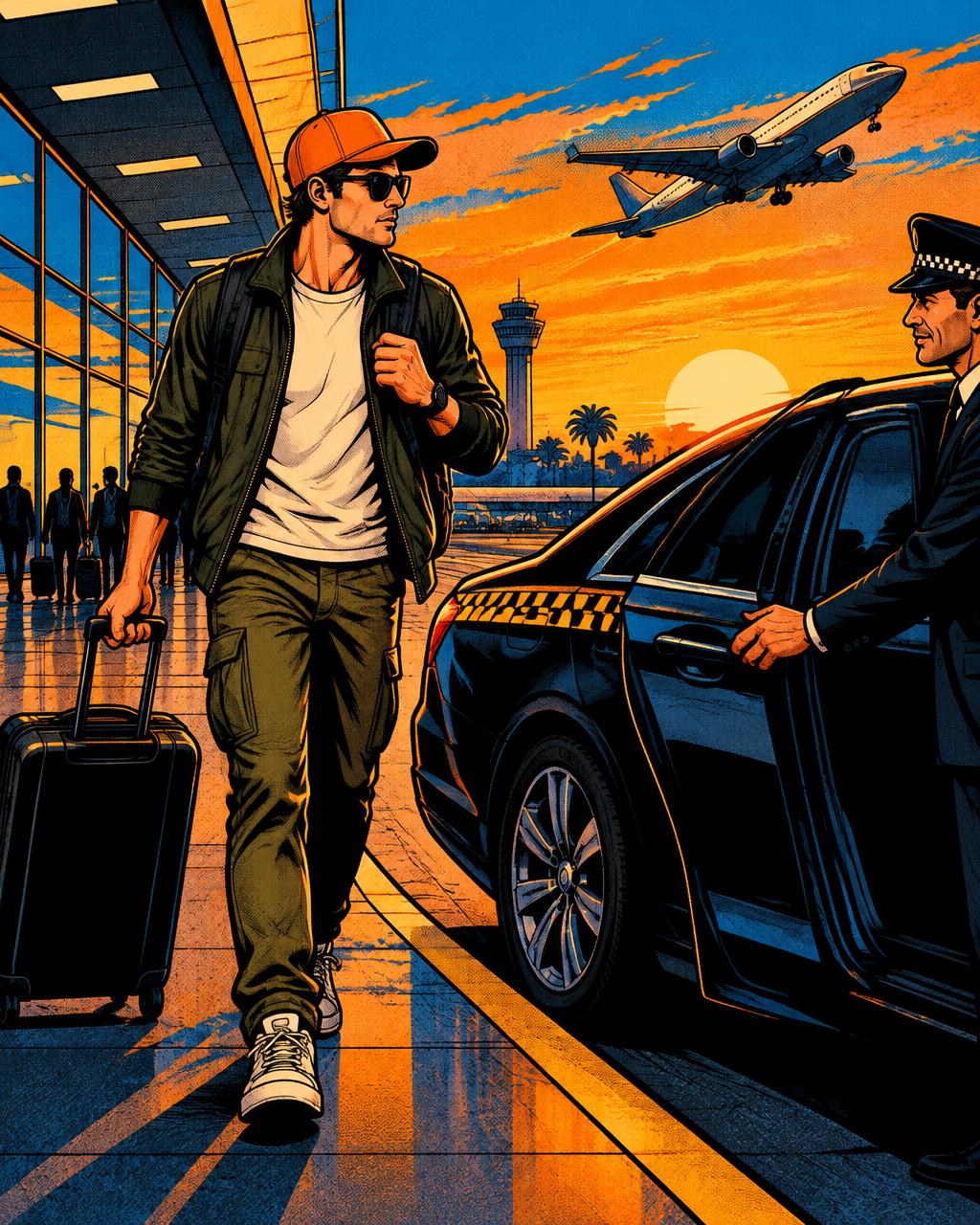 Comic-style traveler walking to a waiting airport car