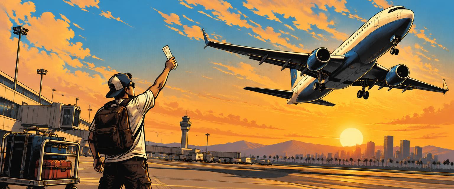 Comic-style traveler on a tarmac waving a boarding pass at a climbing jet