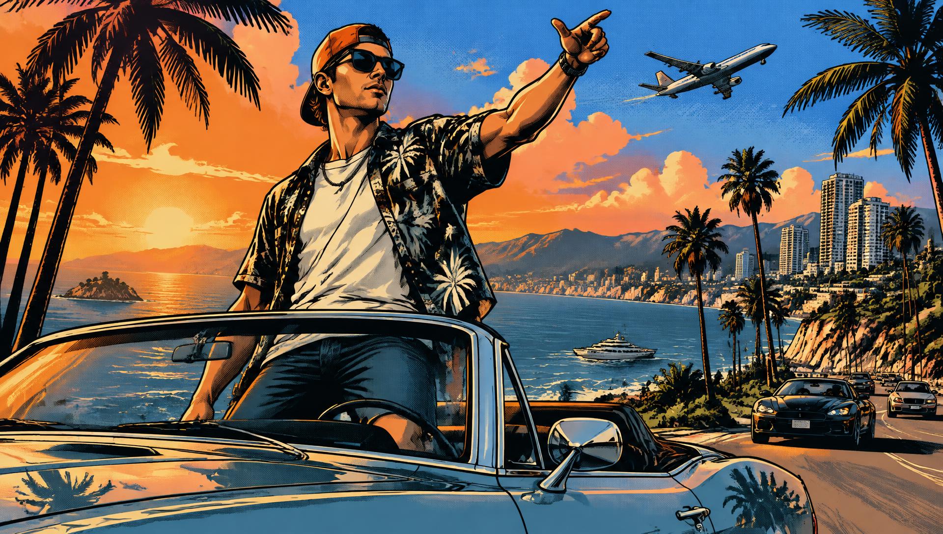 Comic-style traveler in a convertible on a coastal highway